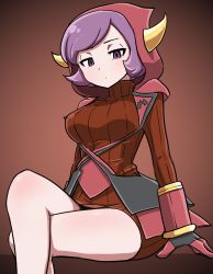 Rule 34 | 084 pro, 10s, 1girl, bare legs, breasts, courtney (pokemon), courtney (pokemon oras), creatures (company), crossed legs, expressionless, fake horns, game freak, highres, hood, hoodie, horned headwear, horns, large breasts, looking at viewer, nintendo, no shoes, pokemon, pokemon oras, purple eyes, purple hair, ribbed sweater, short hair, simple background, solo, sweater, team magma, uniform