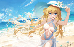 Rule 34 | 1girl, absurdres, artist name, beach, benghuai xueyuan, blonde hair, blue sky, braid, breasts, casual one-piece swimsuit, character request, chinese commentary, cleavage, cloud, commentary request, corderoy, criss-cross halter, dated, day, flower, halterneck, hat, hat flower, highres, holding, holding clothes, holding hat, honkai (series), horizon, long hair, looking at viewer, medium breasts, ocean, one-piece swimsuit, one side up, outdoors, partial commentary, sarong, signature, single braid, sky, solo, sun hat, swimsuit, white hat, white one-piece swimsuit