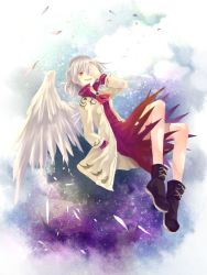 Rule 34 | 1girl, boots, gradient background, grey hair, hand over eye, jacket, kishin sagume, ko kita, legacy of lunatic kingdom, looking at viewer, open mouth, red eyes, short hair, single wing, skirt, solo, touhou, wings