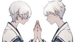 Rule 34 | 2boys, blue eyes, blue menouu, copyright request, hands up, highres, long sleeves, multiple boys, profile, ribbon trim, short hair, simple background, upper body, white background, white hair