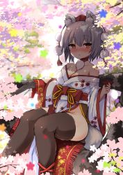 Rule 34 | 1girl, alcohol, animal ears, autumn leaves, black thighhighs, bluekalmia, blush, bottle, breasts, cherry blossoms, cleavage, collarbone, commentary request, cup, flower, hat, in tree, inubashiri momiji, japanese clothes, kimono, large breasts, looking at viewer, no panties, off shoulder, pom pom (clothes), red eyes, sakazuki, sake bottle, short hair, silver hair, sitting, sitting in tree, solo, tail, thighhighs, tokin hat, touhou, tree, wolf ears, wolf tail