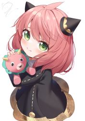 Rule 34 | 1girl, ahoge, anya (spy x family), black dress, blush, child, closed mouth, dress, green eyes, hairpods, highres, holding, holding stuffed toy, long hair, long sleeves, looking at viewer, nahaki, pink hair, signature, simple background, smile, solo, spy x family, stuffed animal, stuffed toy, white background
