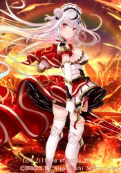 Rule 34 | 1girl, fire, gloves, hair bun, red eyes, solo, standing, sword, thighhighs, weapon, white gloves, white hair, white thighhighs, yano mitsuki (nanairo), z/x - zillions of enemy x