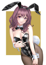 Rule 34 | 1girl, animal ears, black leotard, bow, bowtie, breasts, brown hair, cleavage, commentary request, detached collar, fake animal ears, katahira masashi, leaning forward, leotard, looking at viewer, medium breasts, original, pantyhose, playboy bunny, purple eyes, rabbit ears, solo, strapless, strapless leotard, wavy mouth, wrist cuffs, zipper pull tab