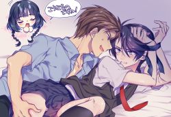 Rule 34 | 1boy, 2girls, arms up, bdsm, blouse, blush, bondage, bound, bound wrists, braid, character request, chibi, chibi inset, clenched teeth, commentary, commentary request, eye contact, gekkan shoujo nozaki-kun, green eyes, hair between eyes, hand on another&#039;s thigh, hetero, hori masayuki, kashima yuu, kneehighs, looking at another, lying, multiple girls, necktie, on bed, on side, open clothes, open mouth, open shirt, red neckwear, shiroto iku, shirt, short hair, short sleeves, skirt, socks, speech bubble, sweat, teeth, tomboy, twin braids