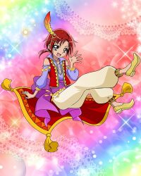 Rule 34 | 1girl, :d, artist request, commentary, detached sleeves, english commentary, eyelashes, feathers, gradient background, hair ornament, hairclip, happy, highres, hino akane (smile precure!), looking at viewer, magic carpet, official art, open mouth, ponytail, precure, precure connection puzzlun, red eyes, red hair, short hair, smile, smile precure!, solo, third-party source