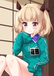 Rule 34 | 1girl, blonde hair, blunt bangs, blush, bottomless, brown eyes, brown ribbon, closed mouth, green sweater, hair ribbon, highres, iijima yun, indoors, long sleeves, looking down, new game!, no pants, ribbon, ruu (tksymkw), sitting, sleeves past fingers, sleeves past wrists, solo, sweat, sweater, two side up, wavy mouth