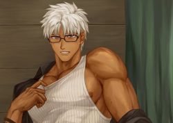 Rule 34 | 1boy, archer (fate), archer (summer casual) (fate), automney, bara, blush, bracelet, brown eyes, commentary request, curtains, dark-skinned male, dark skin, fate/grand order, fate (series), glasses, jewelry, looking at viewer, male focus, muscular, muscular male, nipple slip, nipples, official alternate costume, open clothes, open mouth, pectorals, shirt, short hair, smile, solo, solo focus, sweat, tank top, white hair, white tank top, wooden wall