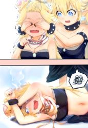 Rule 34 | 2girls, absurdres, armlet, bandeau, bangs pinned back, bare shoulders, bib, black dress, black nails, black skirt, blonde hair, blue eyes, blush, bowsette, bowsette jr., bracelet, breasts, brooch, collar, collarbone, comic, commentary request, covering another&#039;s eyes, crown, dress, earrings, fangs, full-face blush, hair between eyes, highres, horns, icarus (2010741), jewelry, long hair, mario (series), medium breasts, mother and daughter, multiple girls, nail polish, navel, new super mario bros. u deluxe, nintendo, open mouth, pointy ears, sharp teeth, skirt, spiked armlet, spiked bracelet, spiked collar, spikes, spoken squiggle, squiggle, steam, stomach, strapless, strapless dress, super crown, sweat, teeth, tilted headwear, trembling, wavy mouth