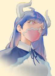 Rule 34 | 1girl, ahoge, blue cape, blue hair, cape, collared shirt, covered mouth, curled horns, dinosaur girl, horns, jewelry, long hair, mask, mouth mask, multicolored hair, necklace, one piece, pink eyes, pink hair, pink mask, raine (acke2445), shirt, solo, streaked hair, ulti (one piece), white shirt, yellow background