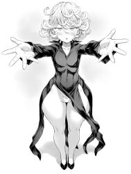 Rule 34 | 1girl, blush, breasts, collarbone, collared dress, commentary, covered navel, curly hair, dress, dress shoes, floating, foreshortening, full body, groin, highres, hug invitation, long sleeves, looking at viewer, mogudan, monochrome, one-punch man, outstretched arms, parted lips, partially visible vulva, pelvic curtain, petite, reaching, reaching towards viewer, simple background, small breasts, solo, standing, tatsumaki, thick thighs, thigh gap, thighs, wide hips