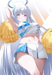 Rule 34 | 1girl, absurdres, armpits, blue archive, breasts, cheerleader, closed mouth, cosplay, crop top, darudana, grey hair, halo, highres, large breasts, light smile, long hair, looking at viewer, midriff, millennium cheerleader outfit (blue archive), miniskirt, noa (blue archive), pom pom (clothes), purple eyes, shirt, simple background, skirt, solo, very long hair, white background, white shirt, white skirt