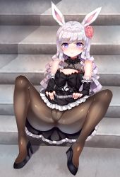 Rule 34 | 1girl, absurdres, animal ears, bad id, bad pixiv id, bare shoulders, black dress, black pantyhose, blush, bow, cameltoe, cleavage cutout, clothes lift, clothing cutout, detached sleeves, dress, dress lift, elin, feet, flat chest, flower, frilled dress, frills, gothic lolita, hair flower, hair ornament, high heels, highres, lolita fashion, long hair, no panties, pantyhose, papo, presenting, purple eyes, rabbit ears, silver hair, sitting, sitting on stairs, solo, spread legs, stairs, tera online, thighs, toes, very long hair, wavy hair, wavy mouth
