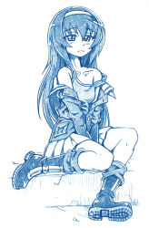 Rule 34 | 10s, 1girl, bbb (friskuser), blue theme, boots, commentary request, girls und panzer, hair between eyes, hairband, hands on lap, highres, jacket, long hair, looking at viewer, monochrome, off shoulder, ooarai military uniform, open clothes, open jacket, pleated skirt, reizei mako, sitting, skirt, solo, strap slip, tank top, white background