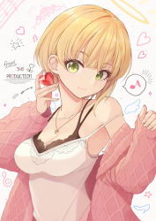 Rule 34 | 1girl, bare shoulders, beamed sixteenth notes, blonde hair, breasts, camisole, cleavage, closed mouth, commentary request, eighth note, fingernails, green eyes, halo, head tilt, heart, heart necklace, holding, idolmaster, idolmaster cinderella girls, jacket, jewelry, looking at viewer, medium breasts, migimaki (migi mawashi), miyamoto frederica, musical note, necklace, off shoulder, open clothes, open jacket, pendant, pink jacket, sleeves past wrists, smile, solo, spoken musical note, star (symbol), strap slip, upper body, white camisole