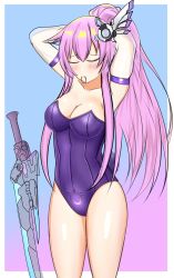Rule 34 | armpits, bare shoulders, bodysuit, breasts, cleavage, hair ornament, hairband, hairclip, highres, large breasts, leotard, long hair, mega miracle force, nepgear, nepnep connect: chaos chanpuru, neptune (series), pink hair, ponytail, purple background, purple sister, purple sister v, smile, stiris rangetsu, sword, thighs, weapon