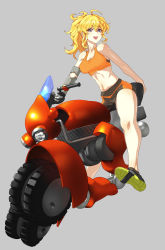 Rule 34 | 1girl, ahoge, ankle socks, bike shorts, blonde hair, blush, breasts, don (rg06268), grey background, highres, long hair, looking at viewer, medium breasts, midriff, motor vehicle, motorcycle, navel, open mouth, orange sports bra, ponytail, prosthesis, prosthetic arm, purple eyes, rwby, shiny skin, shoes, simple background, smile, socks, solo, sports bra, wavy hair, yang xiao long