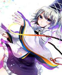 Rule 34 | 1girl, beads, black bow, black bowtie, blue headwear, blue sky, bow, bowtie, commentary request, frilled sleeves, frills, grey eyes, grey hair, hat, highres, holding, japanese clothes, kariginu, long sleeves, looking at viewer, medium hair, miniskirt, mononobe no futo, one-hour drawing challenge, open mouth, pom pom (clothes), red bow, ribbon-trimmed sleeves, ribbon trim, side ponytail, skirt, sky, sleeve bow, sleeves past wrists, suzune hapinesu, talisman, tate eboshi, touhou, triangle, v-shaped eyebrows, white background, wide sleeves