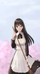 Rule 34 | 1girl, absurdres, apron, black bow, black dress, black hair, blue sky, blurry, blurry background, blush, bow, breasts, broom, brown eyes, cherry blossoms, closed mouth, cloud, cloudy sky, collared shirt, commentary, day, depth of field, dress, dress shirt, english commentary, highres, holding, holding broom, long hair, long sleeves, looking at viewer, maid, medium breasts, original, outdoors, petals, qoray7, shirt, sky, smile, solo, very long hair, white apron, white shirt