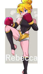 Rule 34 | 1girl, amazu (kurozu), black leotard, black sleeves, black socks, blonde hair, blue eyes, boxing gloves, commentary, commission, covered navel, detached sleeves, english commentary, feet out of frame, grey background, hair between eyes, heavy breathing, highres, kneehighs, leotard, leotard under clothes, long sleeves, looking away, no shoes, open clothes, open fly, open mouth, open shorts, original, short shorts, shorts, socks, solo, standing, standing on one leg, stirrup legwear, teeth, toeless legwear, two-tone background, upper teeth only, white background, yellow shorts