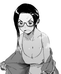 Rule 34 | 1girl, absurdres, blush, breasts, cleavage, demi-chan wa kataritai, glasses, highres, jacket, large breasts, monochrome, open clothes, open jacket, satou sakie, shirt, sleeveless, sleeveless shirt, solo, sweat, teacher, tongue, tongue out