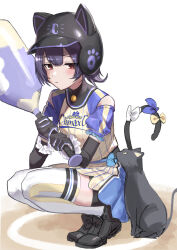 Rule 34 | 1girl, animal ears, arm guards, bare shoulders, baseball bat, baseball cap, baseball uniform, bell, bike shorts, black gloves, black hair, blue ribbon, blush, cat, cat ears, cat tail, closed mouth, elbow gloves, fake animal ears, fake tail, gloves, haruyuki (gffewuoutgblubh), hat, highres, holding, holding baseball bat, idolmaster, idolmaster shiny colors, looking at another, morino rinze, neck bell, red eyes, ribbon, scrunchie, shoes, short hair, simple background, sneakers, solo, sportswear, squatting, tail, thighhighs, white background, white ribbon, white thighhighs, yellow ribbon