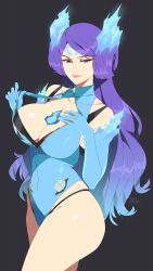 Rule 34 | 1girl, absurdres, artist name, blue gloves, blue hair, blue leotard, breasts, brighid (water lily) (xenoblade), brighid (xenoblade), closed mouth, collarbone, commentary, covered collarbone, elbow gloves, eyelashes, facial mark, fiery hair, forehead mark, gloves, gradient hair, grey background, highleg, highleg leotard, highres, large breasts, leotard, leotard pull, long hair, looking at viewer, multicolored hair, pink lips, print leotard, purple eyes, purple hair, r3dfive, simple background, smile, solo, standing, striped background, two-tone hair, xenoblade chronicles (series), xenoblade chronicles 2