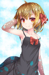 Rule 34 | 1girl, ahoge, arm behind head, arm up, bare arms, bare shoulders, black dress, blonde hair, bow, breasts, closed mouth, collarbone, commentary request, dress, hair between eyes, hair ribbon, highres, looking at viewer, red bow, red eyes, red ribbon, ribbon, rumia, sleeveless, sleeveless dress, small breasts, smile, solo, touhou, uumaru