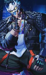 Rule 34 | 1boy, absurdres, bara, black jacket, cityscape, cowboy shot, danzo (live a hero), finger to mouth, fingerless gloves, gloves, hand up, head tilt, heraku (haga1212), highres, jacket, leather, leather jacket, live a hero, looking at viewer, male focus, mask, muscular, muscular male, open clothes, open jacket, pants, shushing, solo