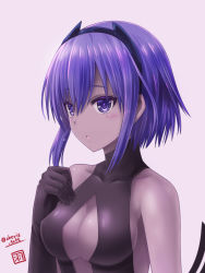 Rule 34 | 1girl, bare shoulders, black gloves, blush, breasts, center opening, dark-skinned female, dark skin, fate/prototype, fate/prototype: fragments of blue and silver, fate (series), gloves, hairband, hassan of serenity (fate), haura akitoshi, medium breasts, purple eyes, purple hair, short hair, solo, twitter username