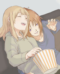 Rule 34 | 2girls, arm around waist, blonde hair, blue shirt, brown hair, closed eyes, commentary request, couch, cuddling, curryisfriend, food, grey hair, grey sweater, hand on another&#039;s shoulder, hand on another&#039;s waist, hibike! euphonium, highres, holding, holding food, indoors, laughing, liz to aoi tori, long hair, long sleeves, multiple girls, nakagawa natsuki, on couch, open mouth, popcorn, purple eyes, shirt, simple background, sitting, smile, sweater, yoshikawa yuuko, yuri