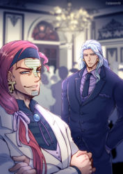 Rule 34 | 2boys, alternate costume, alternate hairstyle, bad id, bad pixiv id, blue eyes, crossed arms, earrings, facial mark, formal, giga omega, hair down, hair ribbon, headband, jewelry, jojo no kimyou na bouken, long hair, low-tied long hair, male focus, multiple boys, necktie, red hair, ribbon, suit, tattoo, terence t. d&#039;arby, vanilla ice, white hair