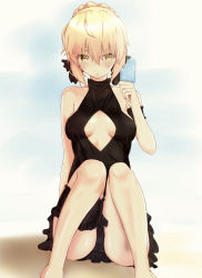 Rule 34 | 1girl, artoria pendragon (all), artoria pendragon (alter swimsuit rider) (first ascension) (fate), artoria pendragon (fate), bare shoulders, black bow, black one-piece swimsuit, blonde hair, bow, braid, breasts, bridal garter, brother (artist), cameltoe, center opening, cleavage cutout, clothing cutout, collarbone, fate/grand order, fate (series), food, frilled swimsuit, frills, frown, hair bow, highres, medium breasts, one-piece swimsuit, popsicle, saber alter, sitting, solo, swimsuit, yellow eyes