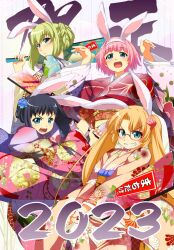 Rule 34 | 4girls, animal ears, atelier-moo, black hair, blonde hair, blue kimono, fake animal ears, floral print, furisode, glasses, green eyes, green hair, hagoita, hair ornament, hanetsuki, happy new year, highres, holding, holding paddle, japanese clothes, kimono, long hair, long sleeves, looking at viewer, machida madoka, machida nodoka, machida tomoka, machidake, multiple girls, new year, obi, open mouth, paddle, pink hair, pink kimono, rabbit ears, red-framed eyewear, sash, short hair, smile, standing, twintails