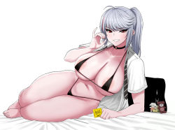 Rule 34 | 1girl, areola slip, bag, bag charm, bare legs, barefoot, bikini, black choker, breasts, charm (object), choker, condom, condom wrapper, copyright request, grey hair, guhanshounen, hand up, handjob gesture, holding, holding condom, large breasts, looking at viewer, micro bikini, multicolored hair, navel piercing, o-ring, o-ring choker, piercing, pinky out, ponytail, red eyes, simple background, smile, smug, solo, streaked hair, swimsuit, toes, white background