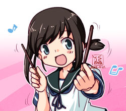 Rule 34 | 1girl, :d, artist name, blue eyes, brown hair, dated, food, fubuki (kancolle), holding, holding food, kantai collection, kutone shirika, looking at viewer, low ponytail, musical note, open mouth, pocky, pocky day, school uniform, serafuku, short ponytail, sidelocks, smile, solo, upper body