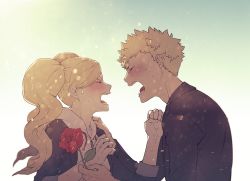 Rule 34 | 10s, 1boy, 1girl, absurdres, blonde hair, blue sky, blush, breasts, clenched hand, closed eyes, couple, facing another, flower, from side, hand on another&#039;s shoulder, hands up, happy, height difference, hetero, highres, holding, holding flower, hood, hoodie, jacket, long hair, long sleeves, open mouth, persona, persona 5, rose, sakamoto ryuuji, school uniform, shirt, short hair, shouting, sky, spiked hair, standing, sweat, takamaki anne, teeth, tongue, tsundere, twintails, upper body, zipper
