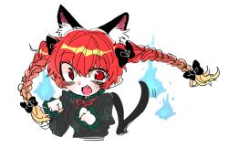 Rule 34 | 1girl, animal ear fluff, animal ears, bow, braid, cat ears, fang, hair bow, kaenbyou rin, m24 chair, multiple tails, open mouth, red eyes, red hair, solo, tail, touhou, two tails, white background