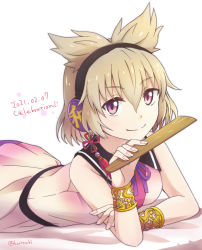Rule 34 | 1girl, artist name, bare shoulders, blonde hair, bracelet, breasts, closed mouth, commentary request, dated, dress, earmuffs, earrings, fingernails, flower knot, hair between eyes, highres, holding, holding stick, jewelry, kuritsuki, light blush, looking at viewer, lying, medium breasts, on stomach, pink dress, pointy hair, purple eyes, ritual baton, short hair, simple background, smile, solo, stick, touhou, toyosatomimi no miko, upper body, white background