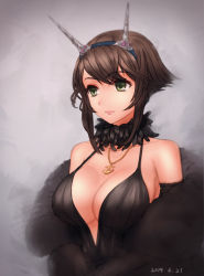 Rule 34 | 10s, 1girl, alternate headwear, breasts, brown hair, cleavage, coat, dress, evening gown, fur coat, green eyes, hairband, jewelry, kantai collection, large breasts, lipstick, makeup, mutsu (kancolle), necklace, qingmingtongzi, short hair, solo