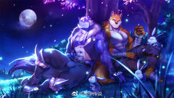Rule 34 | 2boys, abs, artist request, bandages, bara, bare pectorals, belt, biceps, blue eyes, blue fur, boots, bulge, chang (gyee), dog boy, forest, furry, furry male, furry with furry, gloves, gyee, jacket, logo, moon, multiple boys, muscular, muscular male, nature, night, night sky, official art, orange fur, pants, pectoral cleavage, pectorals, petals, rabbit, scar, scar on face, sky, smile, tail, tattoo, thick thighs, thighs, topless, topless male, tree, wolf boy, wolf tail, yang (gyee), yaoi, yellow eyes