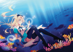 Rule 34 | 1girl, alice (alice in wonderland), alice in wonderland, bad id, bad pixiv id, black thighhighs, blonde hair, blue eyes, bubble, clownfish, coral, dress, fish, hairband, light rays, long hair, reira (zetalatte), smile, solo, sunbeam, sunlight, thighhighs, underwater, wet, wet clothes