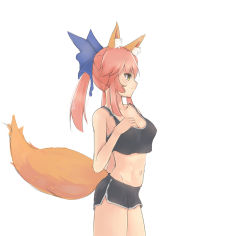 Rule 34 | 10s, 1girl, animal ear fluff, animal ears, bluefield, bow, breasts, cleavage, covered erect nipples, cowboy shot, crop top, fate/extra, fate (series), fox ears, fox tail, hair bow, midriff, navel, pink hair, ponytail, short shorts, shorts, sidelocks, simple background, solo, tail, tamamo (fate), tamamo no mae (fate/extra), yellow eyes