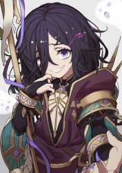 Rule 34 | 1girl, absurdres, black hair, breasts, bridal gauntlets, center opening, commentary request, fingernails, gazacy (dai), glowing, glowing eye, granblue fantasy, grin, hair between eyes, hair over one eye, highres, lich (granblue fantasy), long hair, looking at viewer, messy hair, nail polish, purple eyes, purple nails, sharp fingernails, sharp teeth, simple background, small breasts, smile, solo, staff, teeth, white background