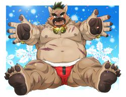 Rule 34 | 1boy, abs, animal ears, animal hands, bara, bare pectorals, bell, belly, blush, body fur, briefs, brown fur, bulge, dog boy, fangs, fat, fat man, fox boy, fox ears, full body, fur-trimmed legwear, fur trim, furry, furry male, green eyes, green hair, hat, imminent hug, jacket, large pectorals, looking at viewer, male focus, male underwear, muscular, muscular male, navel, neck bell, nipples, official alternate costume, open clothes, open jacket, pectorals, rossciaco, santa costume, santa hat, scar, scar on chest, scar on leg, solo, stomach, thick eyebrows, thick thighs, thighs, tokyo houkago summoners, underwear, yasuyori (housamo)