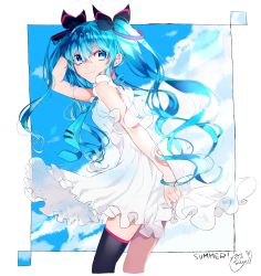 Rule 34 | 1girl, absurdres, black bow, black thighhighs, blue eyes, blue hair, blue necktie, blue sky, bow, cloud, commentary, cowboy shot, day, dress, framed image, frilled dress, frills, from side, hair bow, hand in own hair, hand up, hatsune miku, highres, leaning forward, long hair, looking at viewer, looking to the side, necktie, outdoors, signature, single thighhigh, sky, smile, solo, thighhighs, twintails, tyazakura sayu, vocaloid, white dress