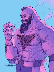 Rule 34 | 1boy, abs, absurdres, beard, chest hair, debris, facial hair, highres, large pectorals, looking ahead, male focus, mature male, mohawk, muscular, muscular male, navel, navel hair, nipples, pectorals, quasimodox, short hair, solo, stomach, street fighter, street fighter 6, strongman waist, thick eyebrows, topless male, veiny face, zangief