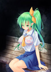 Rule 34 | 1girl, adapted costume, bench, blue skirt, blush, bra, breasts, collarbone, daiyousei, fairy wings, floral print, green eyes, green hair, highres, large breasts, long hair, looking down, matching hair/eyes, neckerchief, pointy ears, ponytail, red bra, school uniform, see-through, serafuku, shirt, short sleeves, sitting, skirt, solo, touhou, underwear, wet, wet clothes, white legwear, white shirt, wings, z.o.b