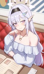 Rule 34 | 1girl, absurdres, alternate costume, bare shoulders, black hairband, blue archive, book, casual, closed mouth, collarbone, commentary, commentary request, ear bar, frilled shirt, frills, gold necklace, hair ornament, hairband, hairclip, halo, head rest, heart, heart necklace, highres, himari (blue archive), jewelry, long hair, long sleeves, looking at viewer, mole, mole under eye, necklace, off-shoulder shirt, off shoulder, open book, parted bangs, pointy ears, puffy long sleeves, puffy sleeves, purple eyes, shirt, smile, solo, sparkling aura, upper body, white hair, white halo, white shirt, whitek