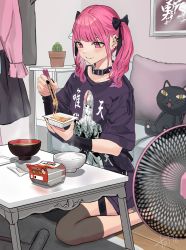 Rule 34 | 1girl, absurdres, barbell piercing, black collar, black nails, blunt bangs, bow, bowl, cactus, chopsticks, collar, couch, ear piercing, earrings, electric fan, food, hair bow, highres, hinamizawa hinami (tetto), jewelry, meal, nail polish, nattou, original, piercing, pink eyes, pink hair, plant, potted plant, shirt, sitting, solo, soup, stuffed animal, stuffed cat, stuffed toy, t-shirt, table, tetto (onnoveltet), twintails, wariza, wristband